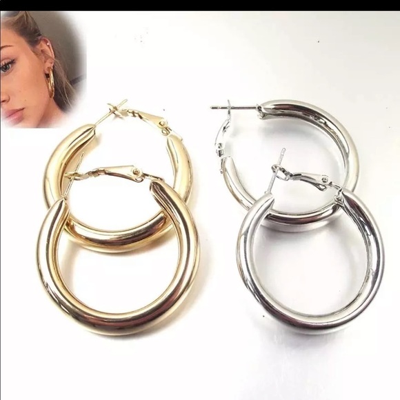 𝅺new Gold Plated Large Chunky Tube Hoop Earrings - Picture 1 of 11